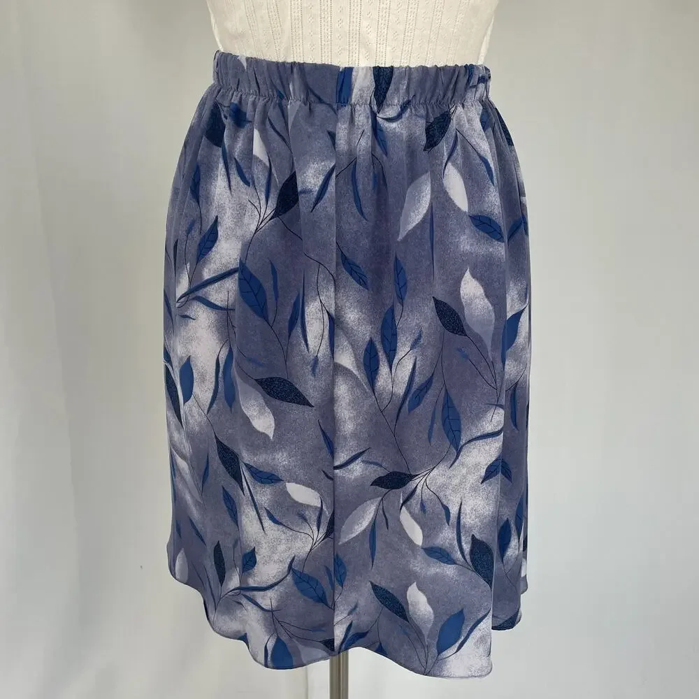 Vintage Mini Skirt Size 12P 12 Petite Blue Abstract Leaf Print A Line Boho 90s